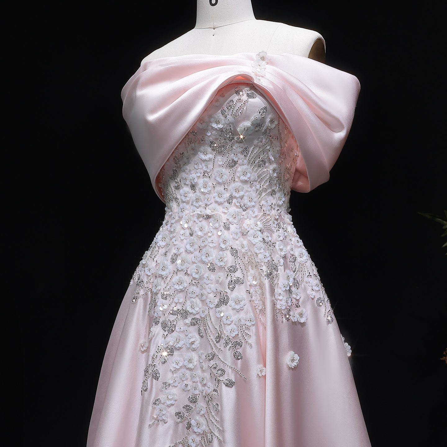 Luxury Pink 3D Floral Satin Sequin Embroidered Evening Dress XD032