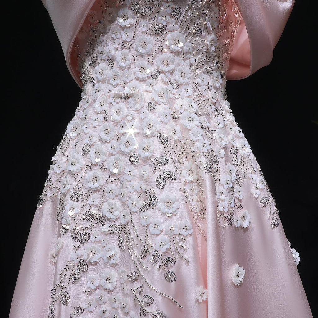 Luxury Pink 3D Floral Satin Sequin Embroidered Evening Dress XD032