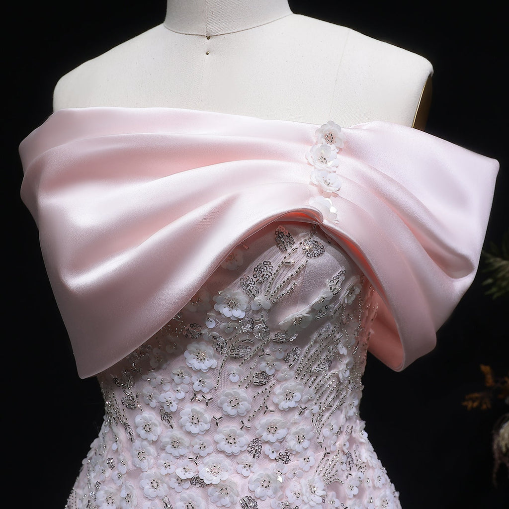 Luxury Pink 3D Floral Satin Sequin Embroidered Evening Dress XD032