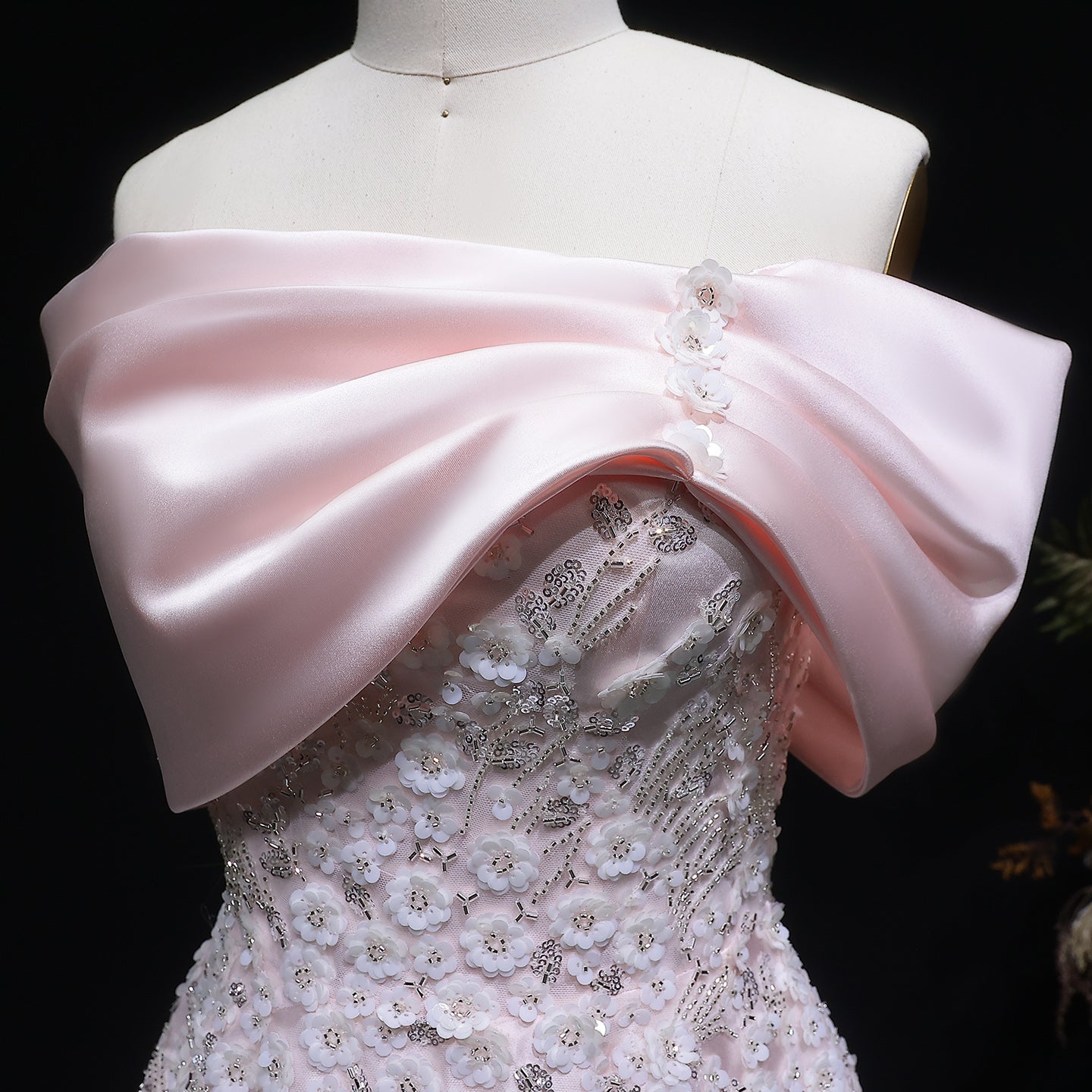 Luxury Pink 3D Floral Satin Sequin Embroidered Evening Dress XD032
