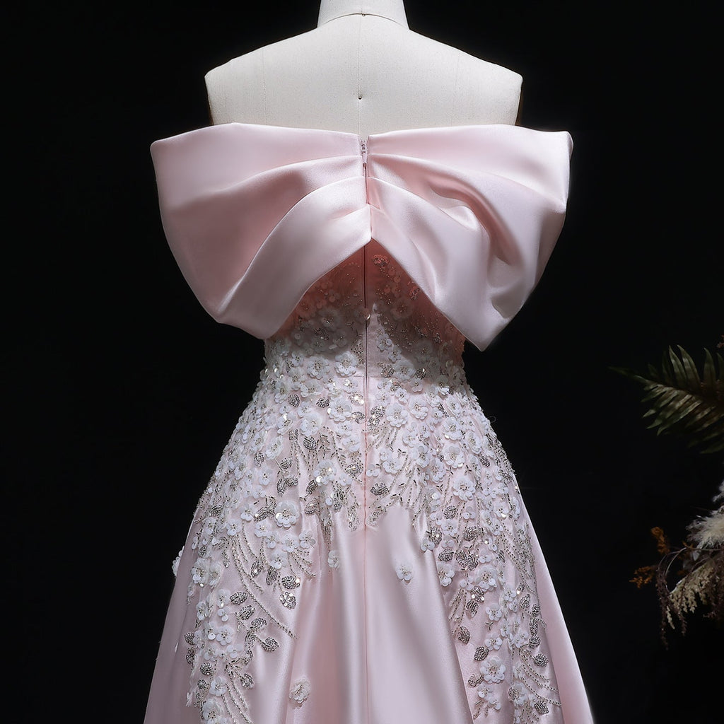 Luxury Pink 3D Floral Satin Sequin Embroidered Evening Dress XD032