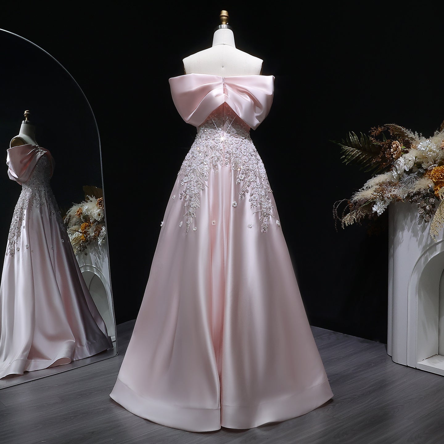 Luxury Pink 3D Floral Satin Sequin Embroidered Evening Dress XD032