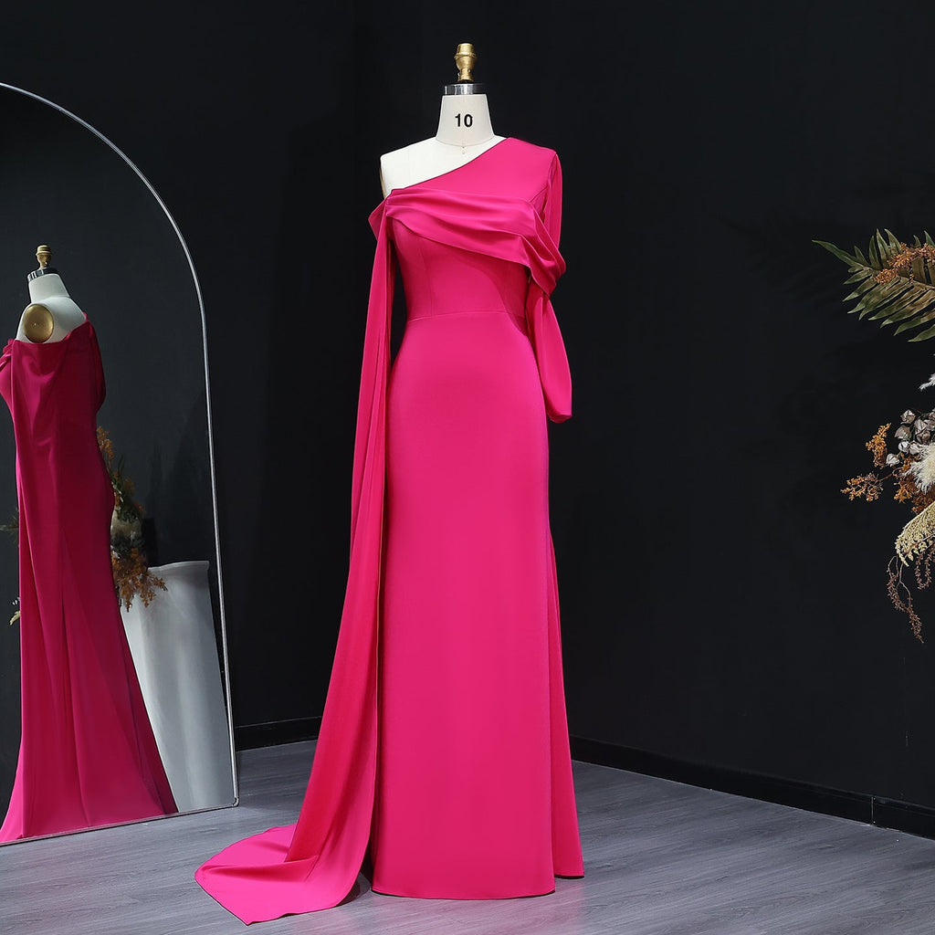 Elegant Fuchsia One Shoulder Evening Dress with Cape SF074