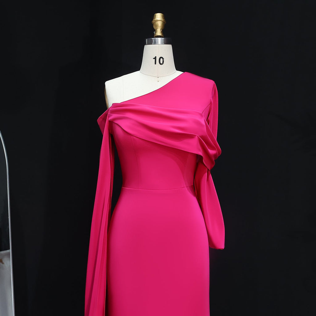 Elegant Fuchsia One Shoulder Evening Dress with Cape SF074