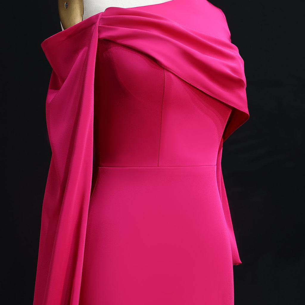 Elegant Fuchsia One Shoulder Evening Dress with Cape SF074