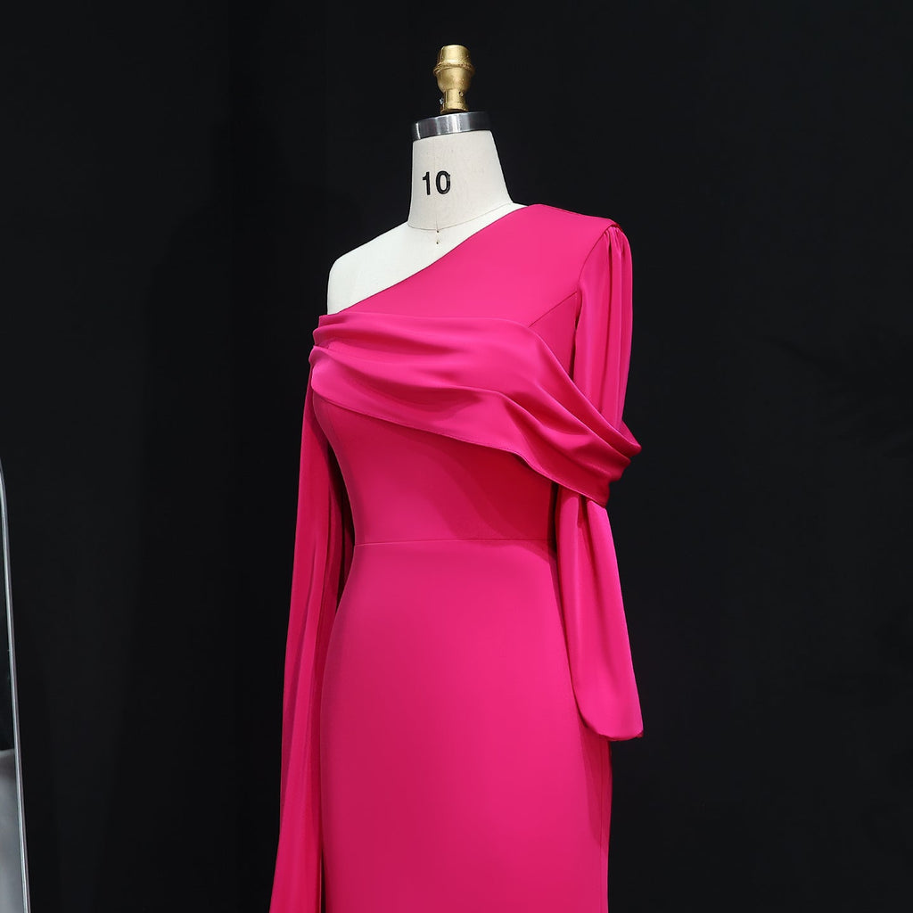 Elegant Fuchsia One Shoulder Evening Dress with Cape SF074