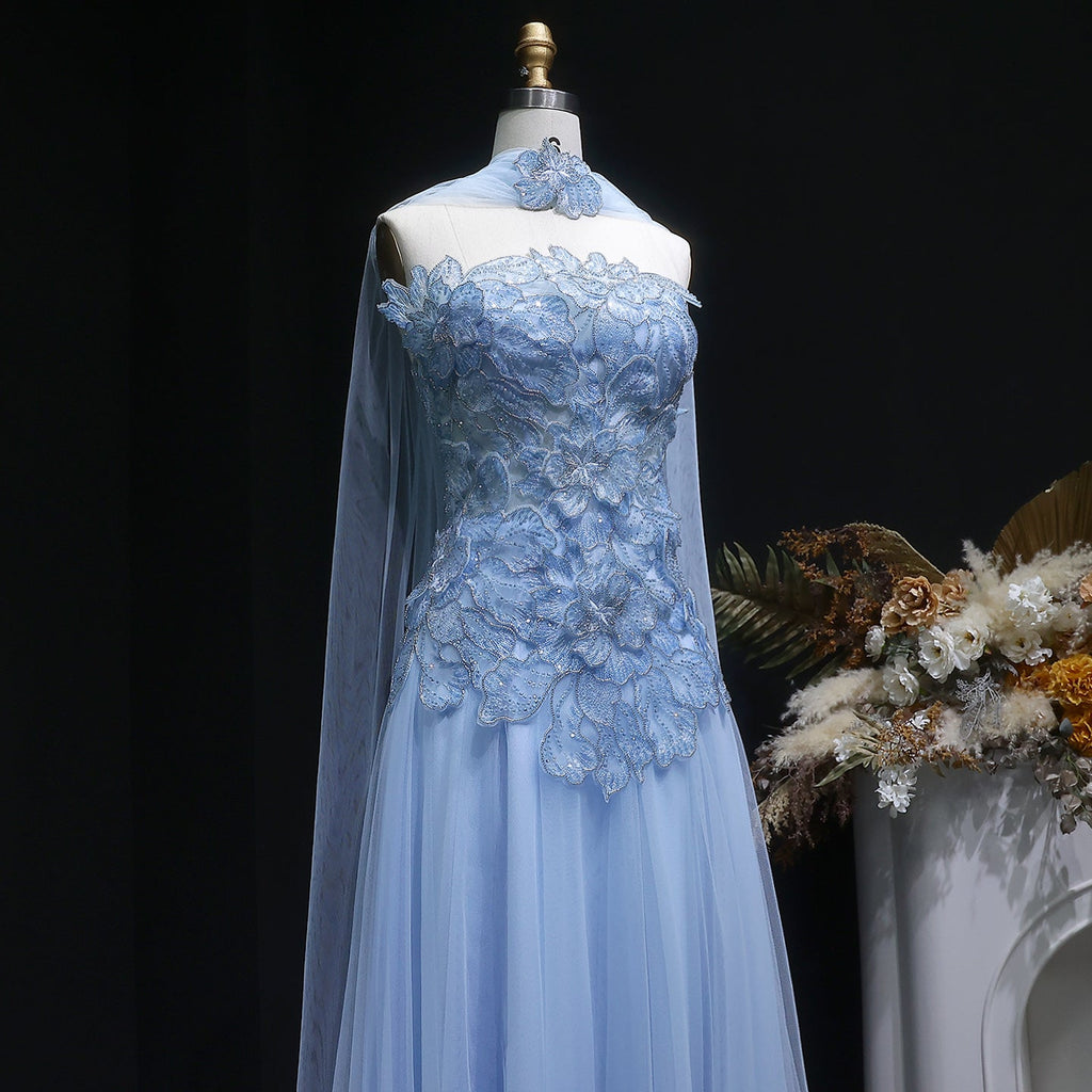 Glamorous Pink 3D Floral Strapless Tulle Evening Dress with Cape and Scarf SS239