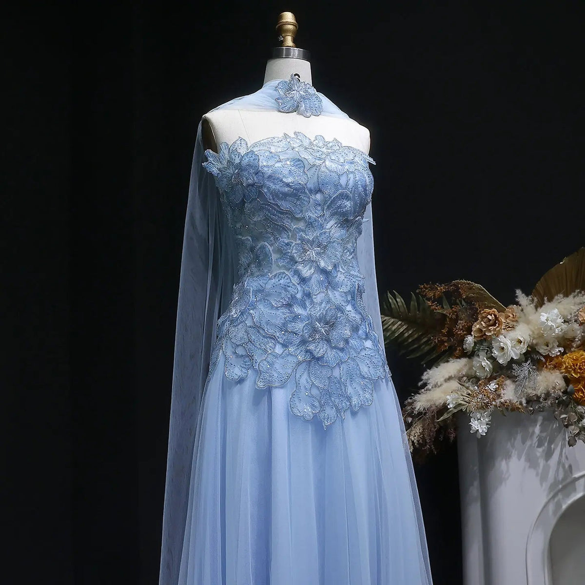 Luxury Pink 3D Floral Strapless Tulle Cape Evening Dress with Scarf SS239