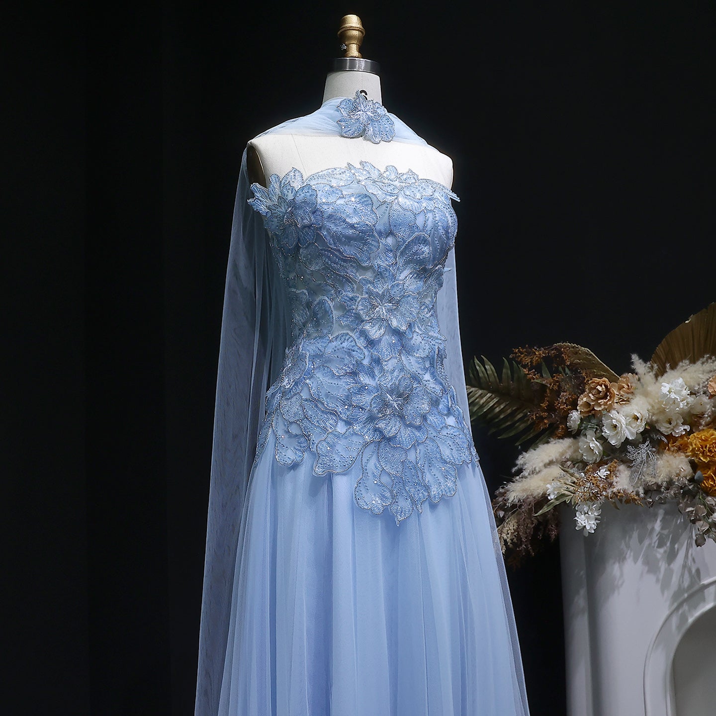 Glamorous Pink 3D Floral Strapless Tulle Evening Dress with Cape and Scarf SS239