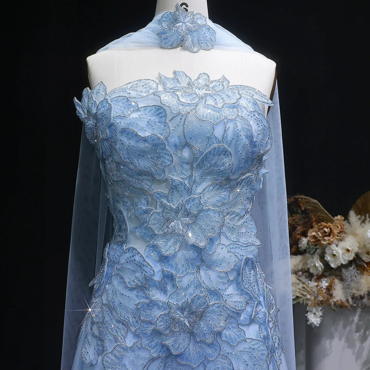 Luxury Pink 3D Floral Strapless Tulle Cape Evening Dress with Scarf SS239