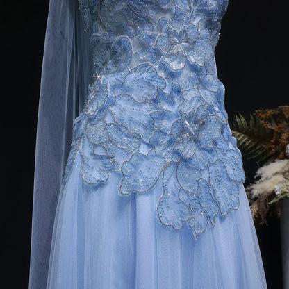 Luxury Pink 3D Floral Strapless Tulle Cape Evening Dress with Scarf SS239