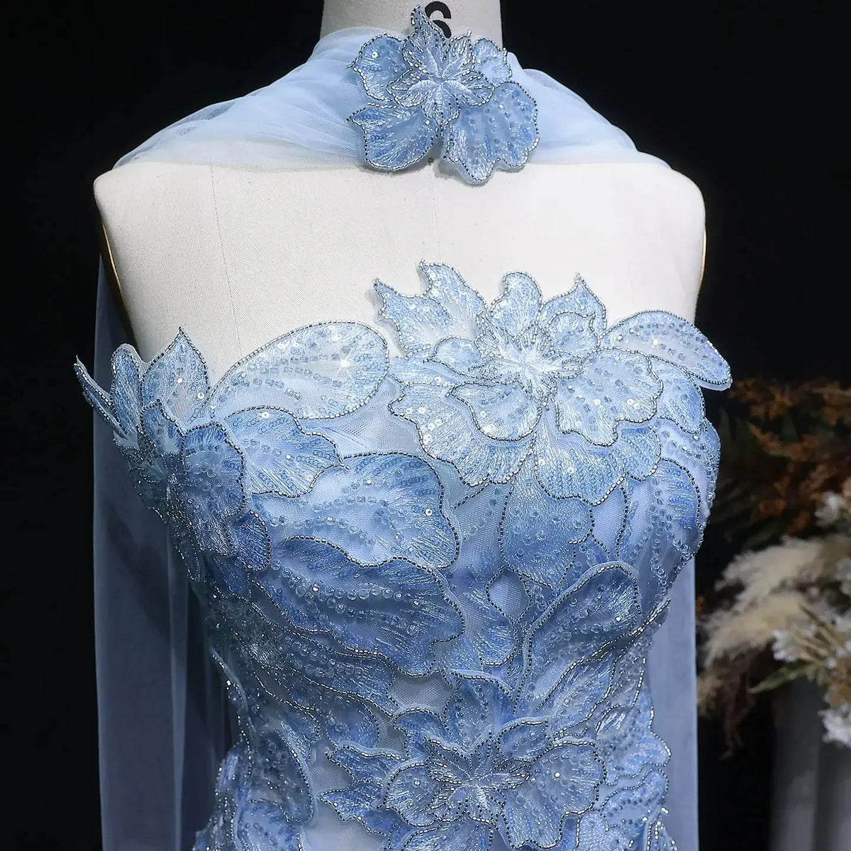 Luxury Pink 3D Floral Strapless Tulle Cape Evening Dress with Scarf SS239