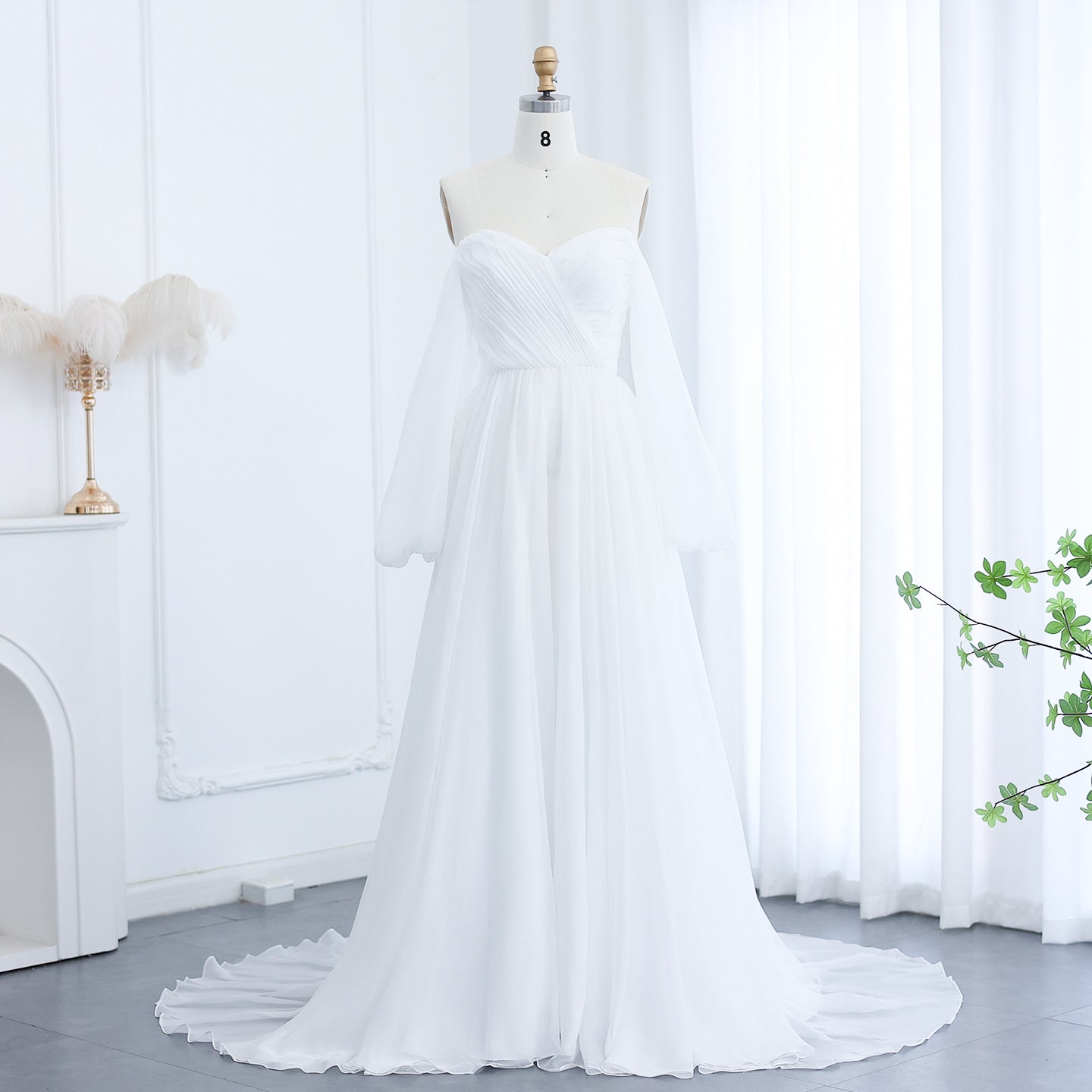Elegant White Long Sleeves A-Line Evening Dress with Train SF360