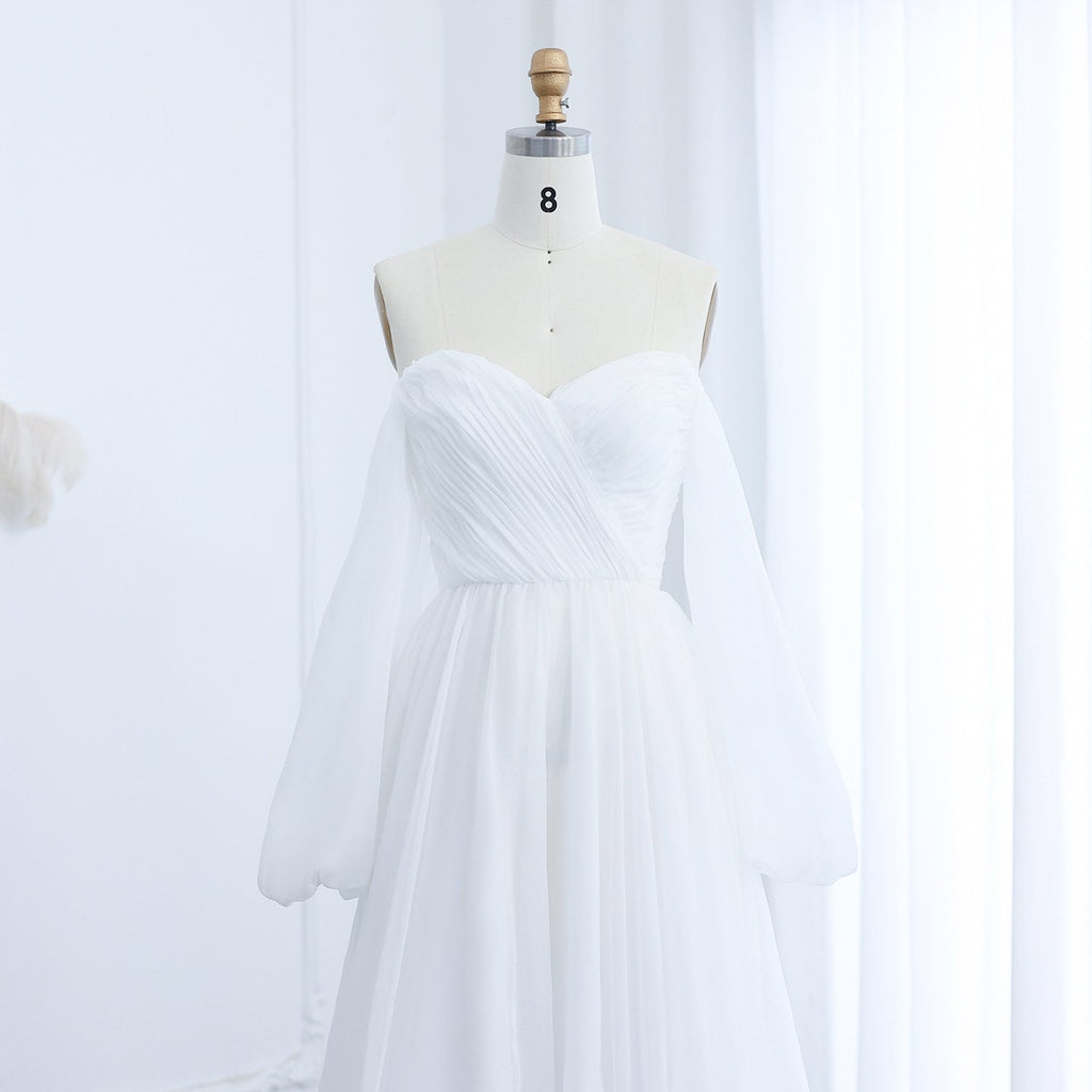 Elegant White Long Sleeves A-Line Evening Dress with Train SF360