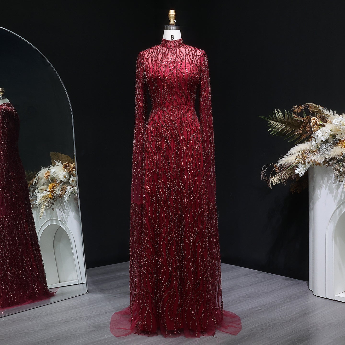 Elegant Dusty Pink Beaded Sparkle Long Sleeve Evening Dress SS621