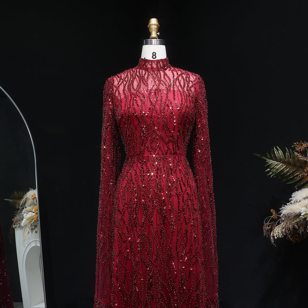 Elegant Dusty Pink Beaded Sparkle Long Sleeve Evening Dress SS621