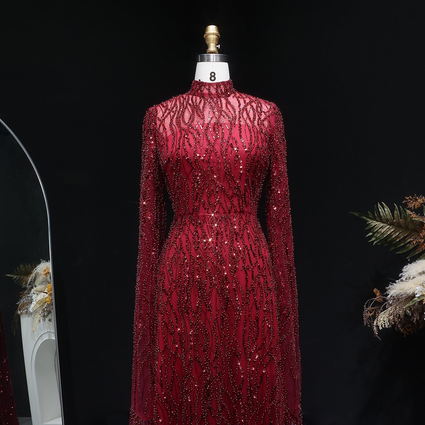 Elegant Dusty Pink Beaded Sparkle Long Sleeve Evening Dress SS621