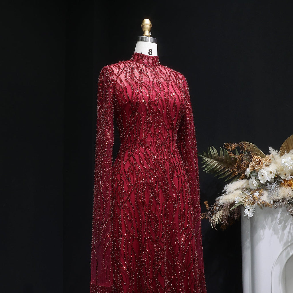 Elegant Dusty Pink Beaded Sparkle Long Sleeve Evening Dress SS621