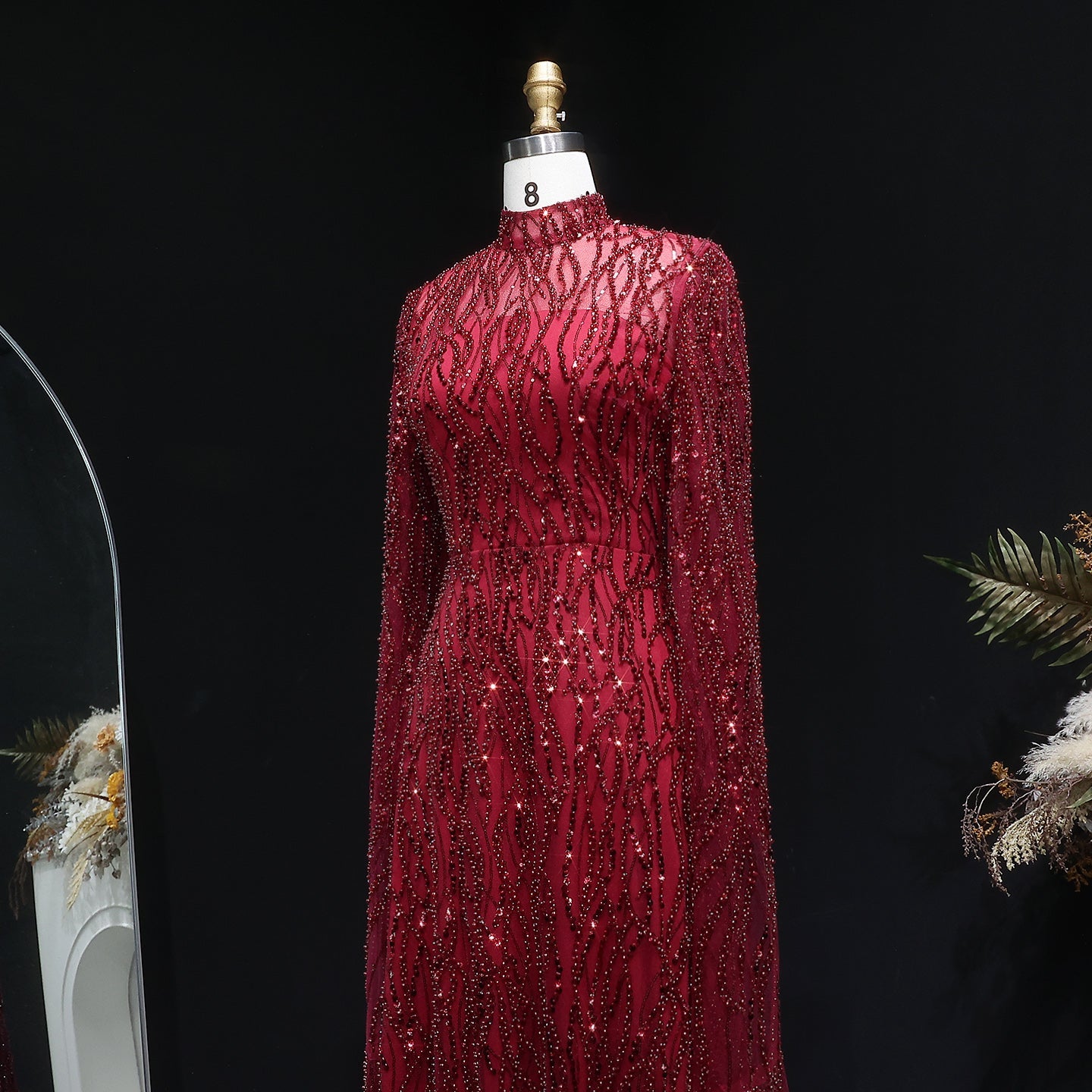 Elegant Dusty Pink Beaded Sparkle Long Sleeve Evening Dress SS621
