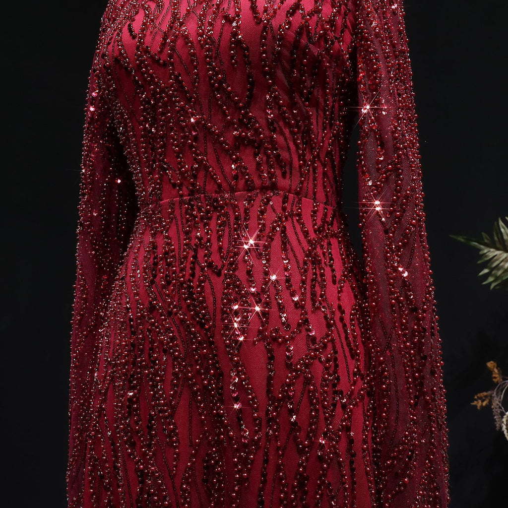 Elegant Dusty Pink Beaded Sparkle Long Sleeve Evening Dress SS621