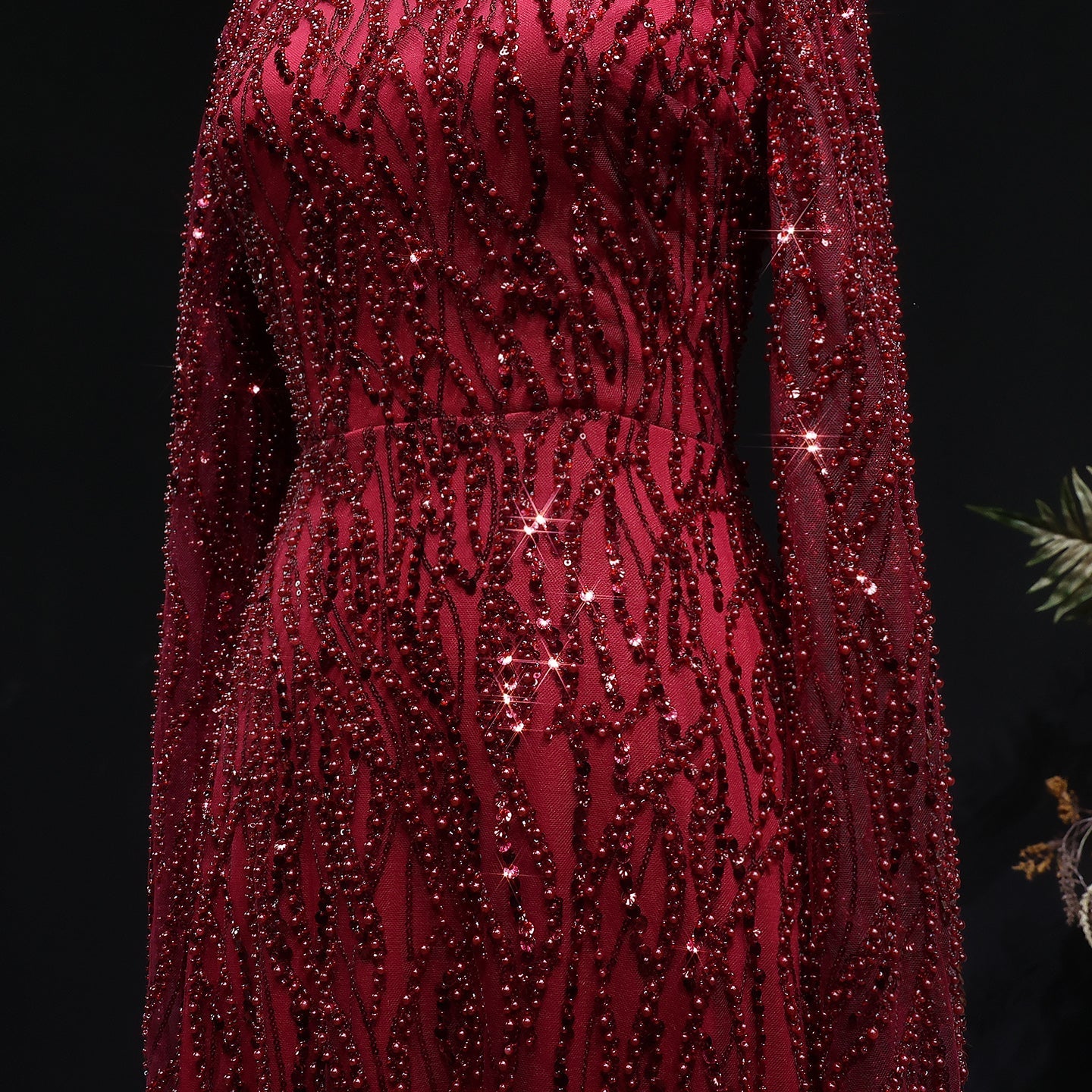 Elegant Dusty Pink Beaded Sparkle Long Sleeve Evening Dress SS621
