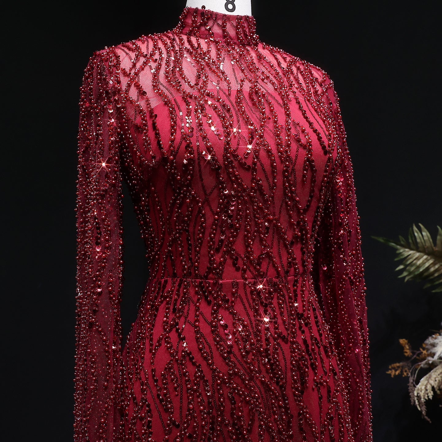 Elegant Dusty Pink Beaded Sparkle Long Sleeve Evening Dress SS621