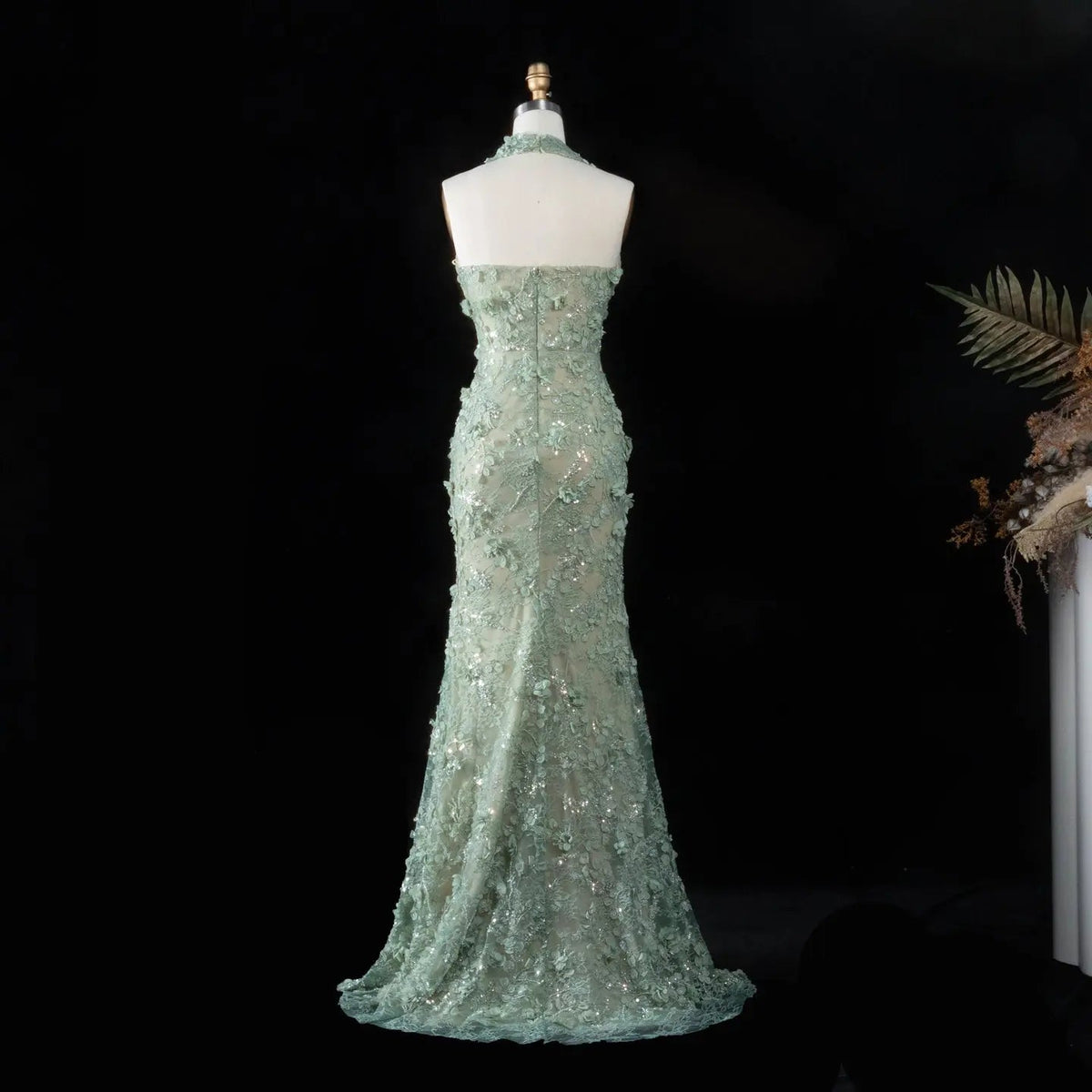 Backless Halter Mermaid Formal Evening Dress 3D Flower Sequin Lace High Slit Floor Length Party Gown SS603