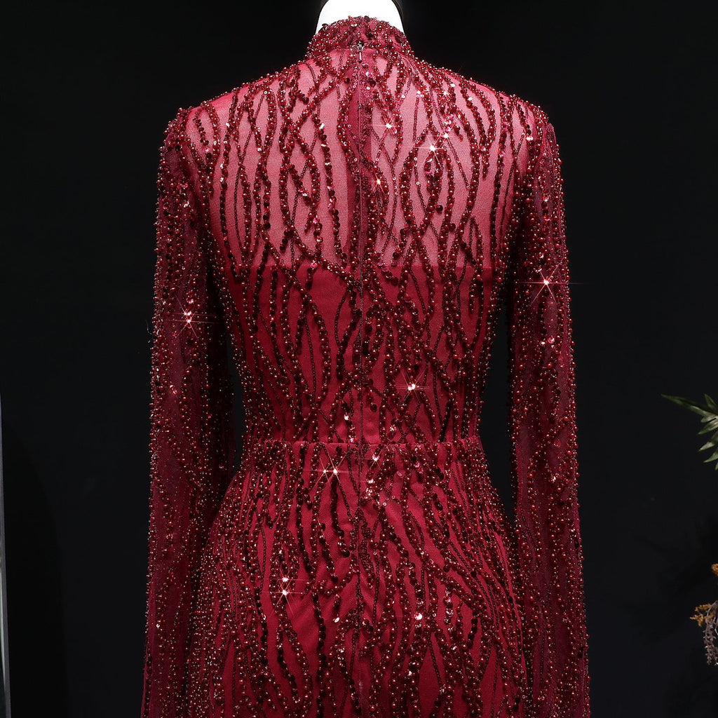Elegant Dusty Pink Beaded Sparkle Long Sleeve Evening Dress SS621