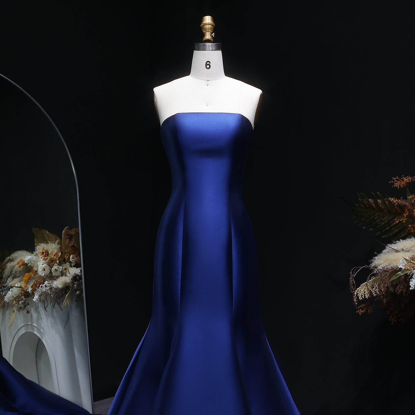 Luxury Navy Blue Satin A-Line Strapless Evening Dress SF309