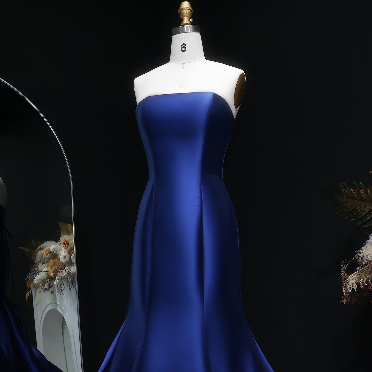 Luxury Navy Blue Satin A-Line Strapless Evening Dress SF309