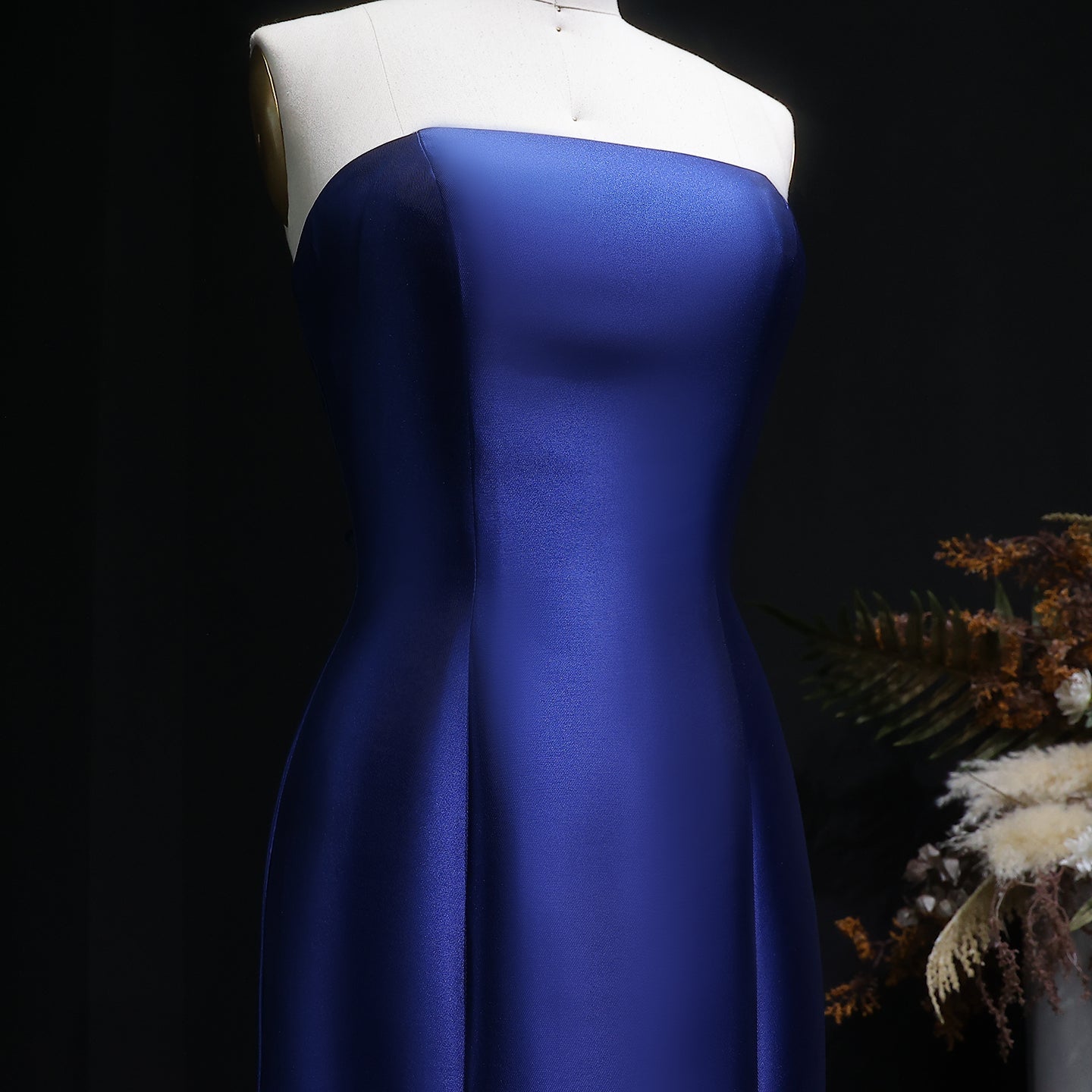 Luxury Navy Blue Satin A-Line Strapless Evening Dress SF309
