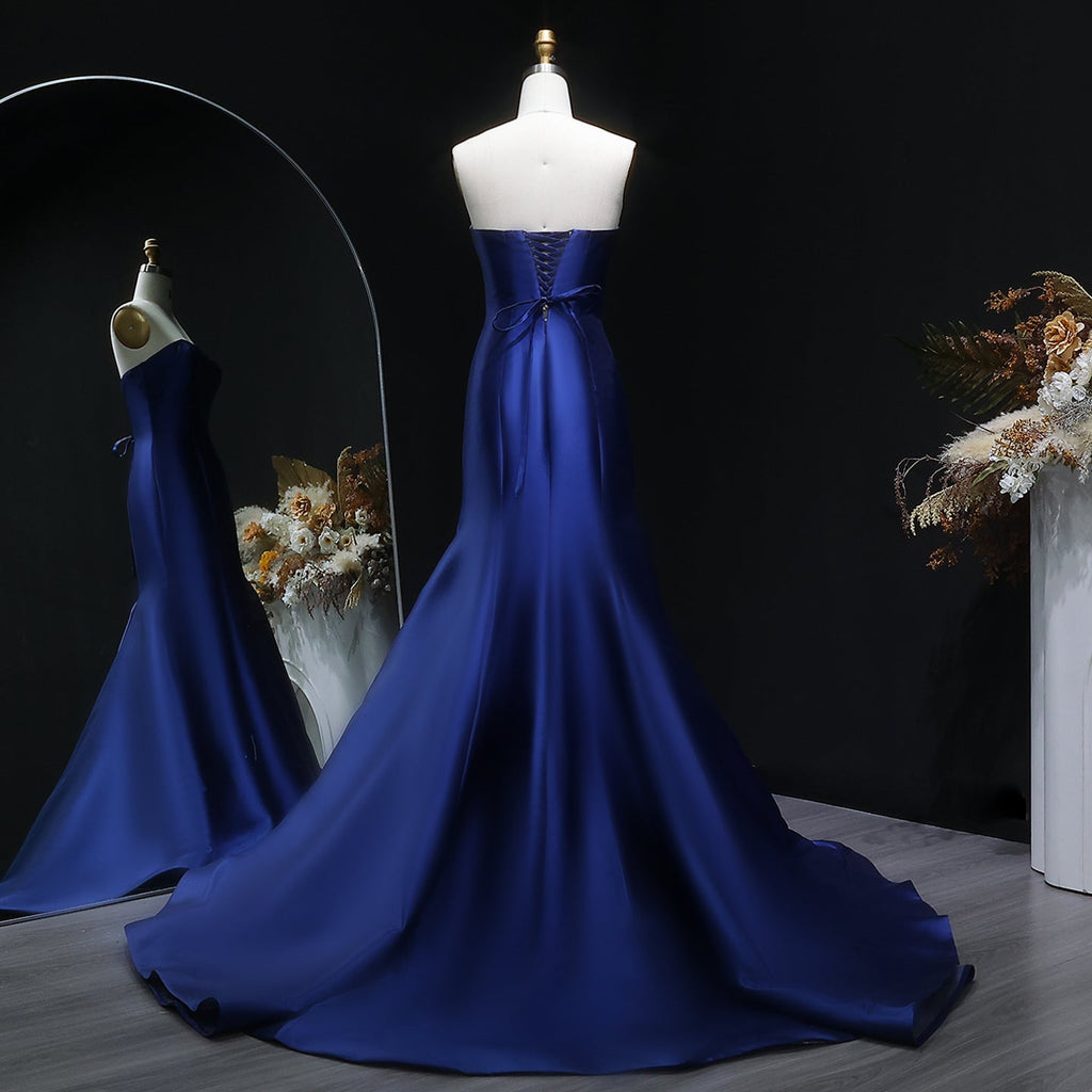 Luxury Navy Blue Satin A-Line Strapless Evening Dress SF309