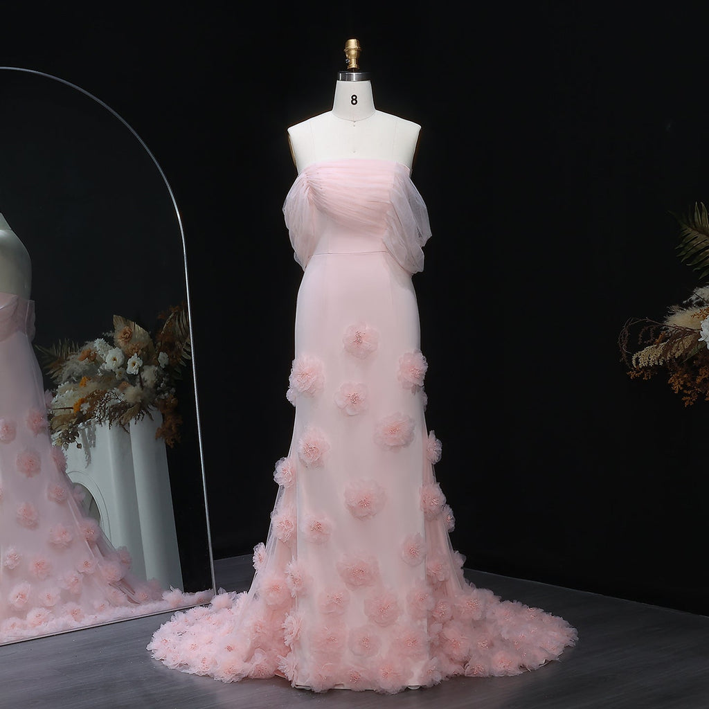 Elegant Pink 3D Flowers Off Shoulder Evening dress SF383