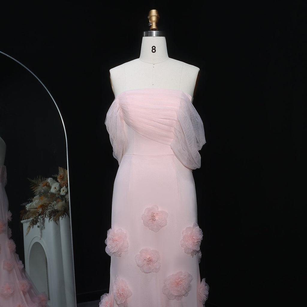 Elegant Pink 3D Flowers Off Shoulder Evening dress SF383