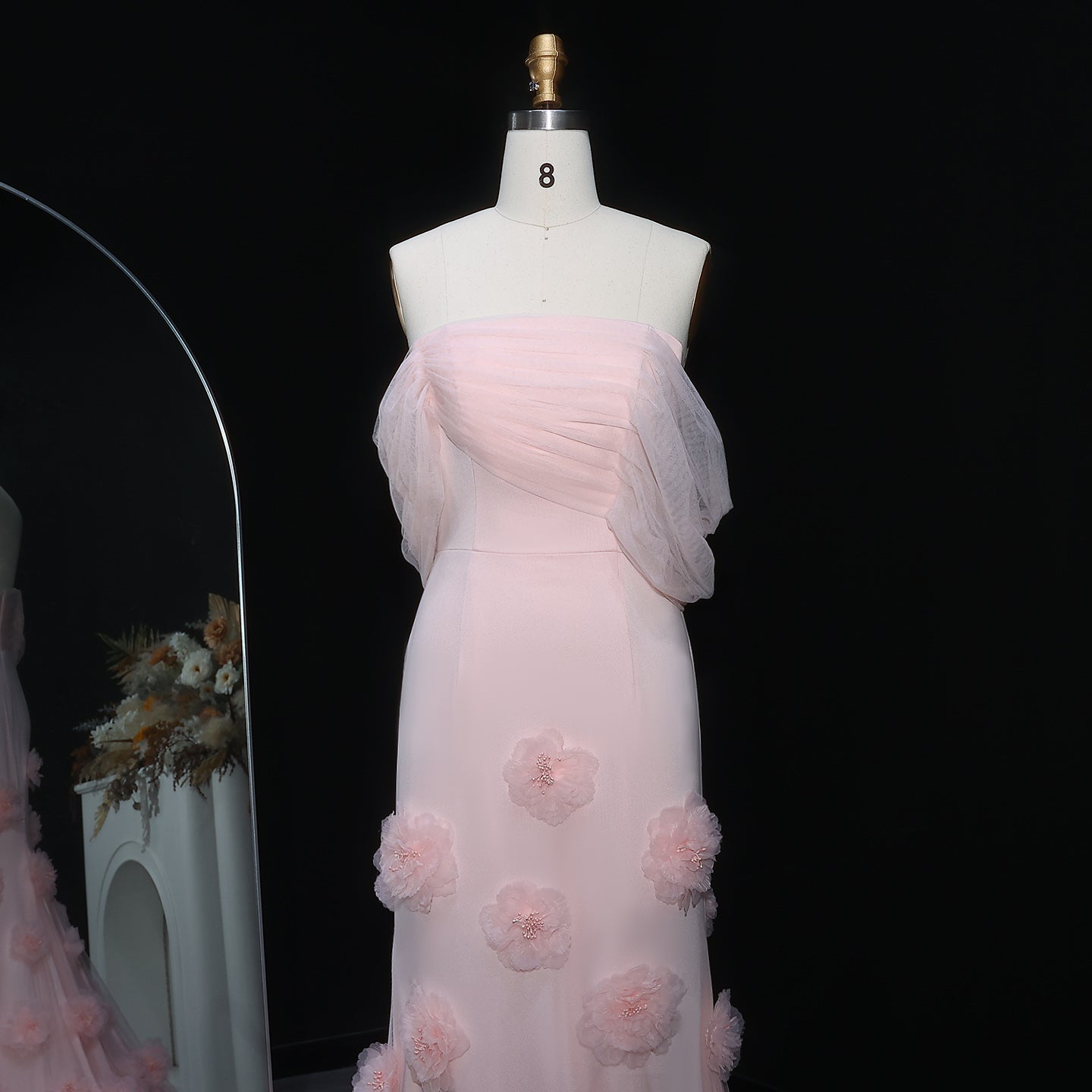 Elegant Pink 3D Flowers Off Shoulder Evening dress SF383