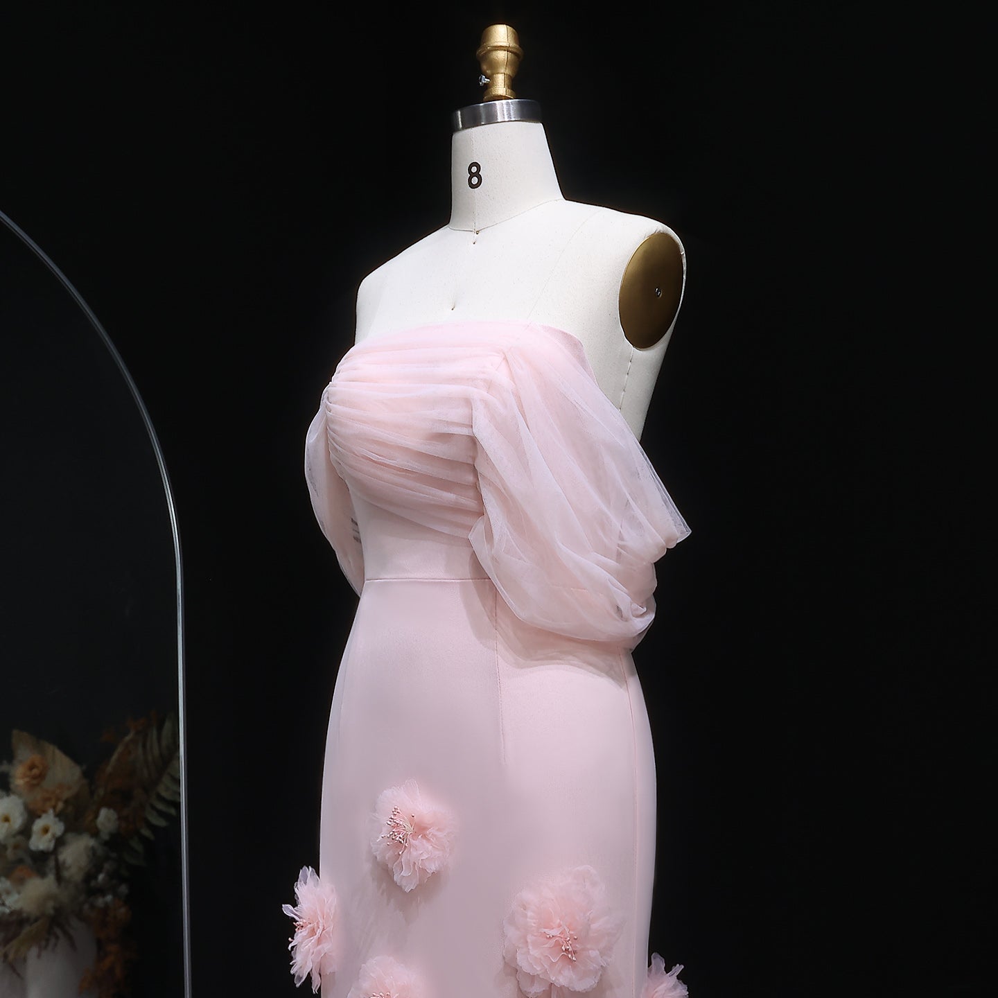 Elegant Pink 3D Flowers Off Shoulder Evening dress SF383
