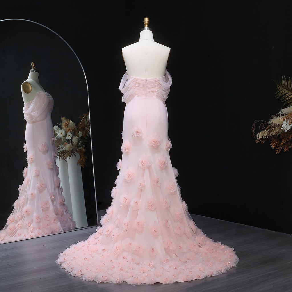 Elegant Pink 3D Flowers Off Shoulder Evening dress SF383