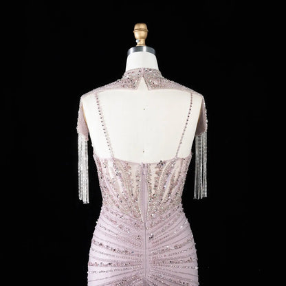 Dreamy Pink Beaded High Neck Tassel Sleeve Ruched Evening Dress SS184