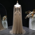 Luxury Champagne Crystal Beaded Sheer Cape Sleeve Evening Dress SS538