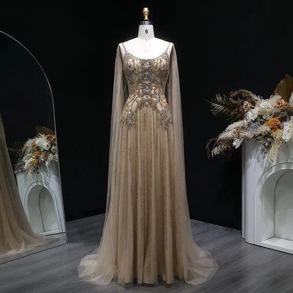 Luxury Champagne Beaded Glitter Sheer Cape Sleeve Mermaid Evening Dress SS538