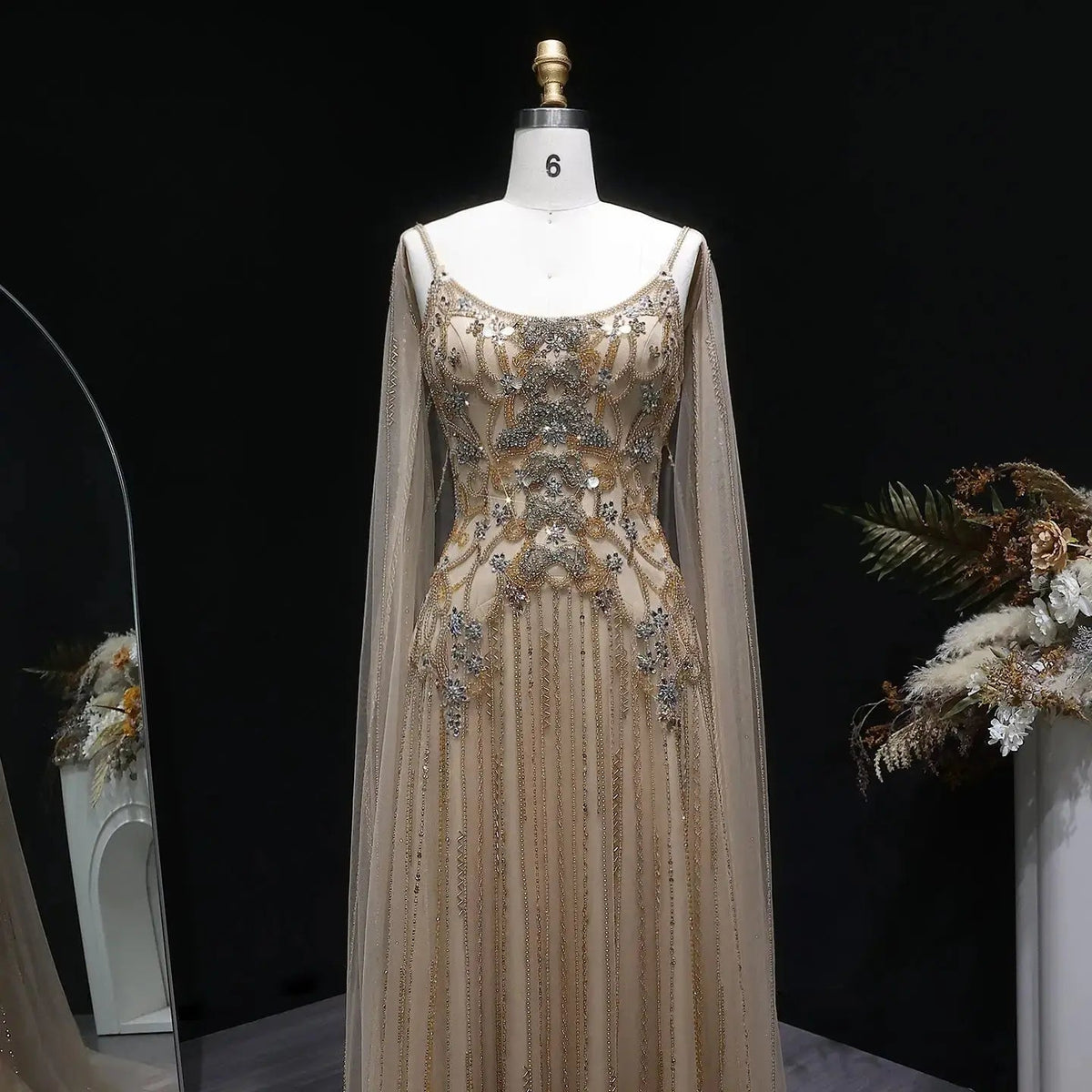 Luxury Champagne Beaded Glitter Sheer Cape Sleeve Mermaid Evening Dress SS538