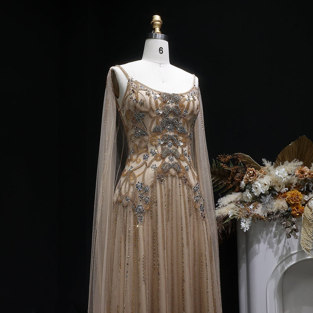 Luxury Champagne Crystal Beaded Sheer Cape Sleeve Evening Dress SS538