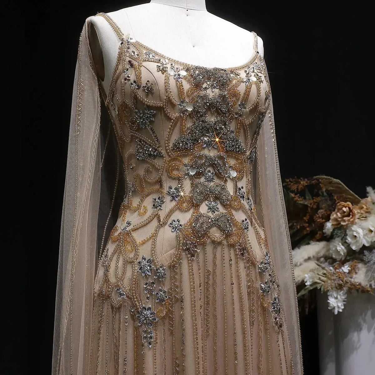 Luxury Champagne Beaded Glitter Sheer Cape Sleeve Mermaid Evening Dress SS538