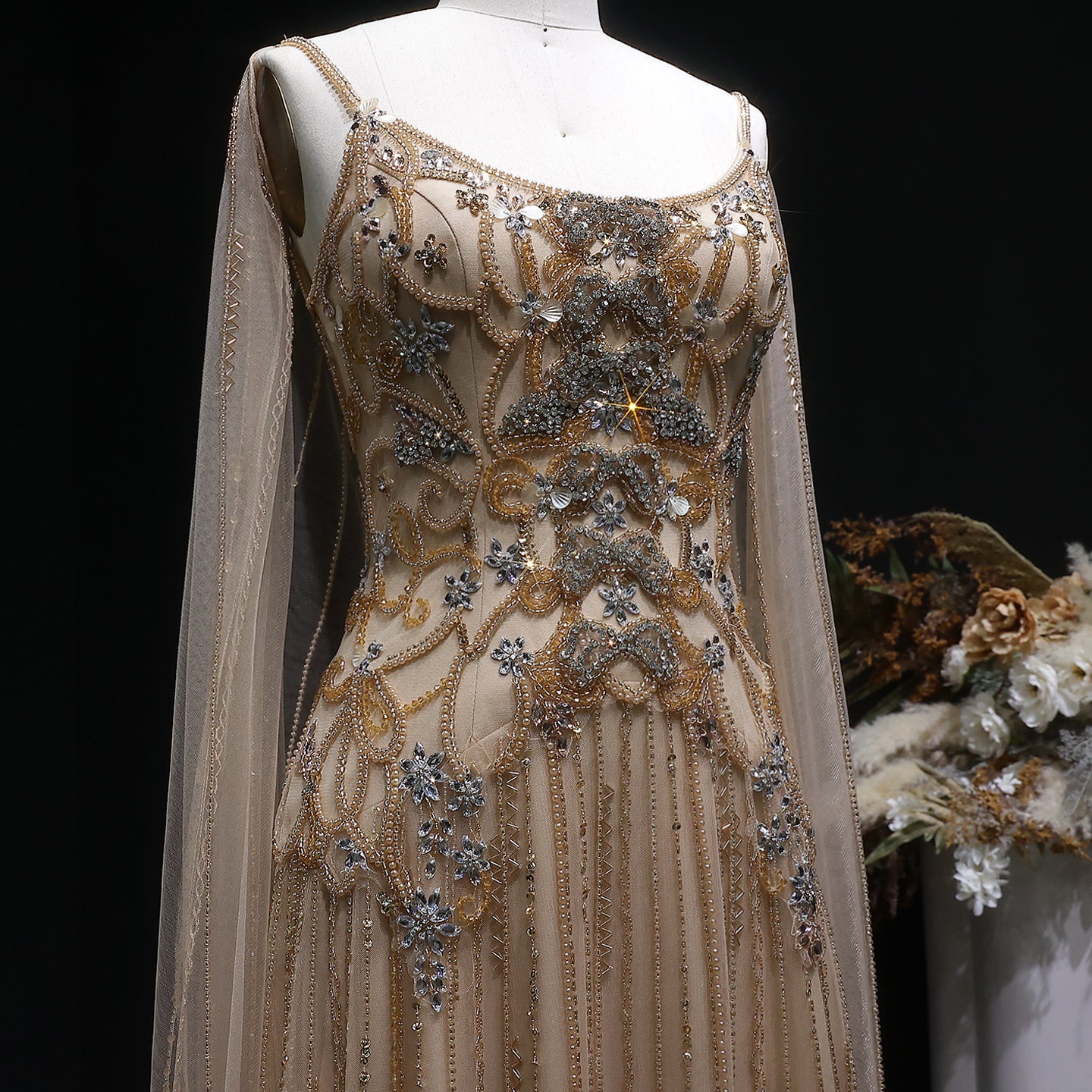 Luxury Champagne Crystal Beaded Sheer Cape Sleeve Evening Dress SS538