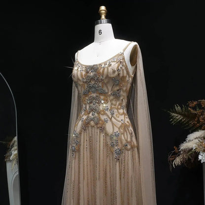Luxury Champagne Beaded Glitter Sheer Cape Sleeve Mermaid Evening Dress SS538