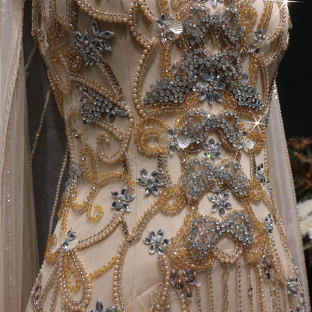 Luxury Champagne Crystal Beaded Sheer Cape Sleeve Evening Dress SS538