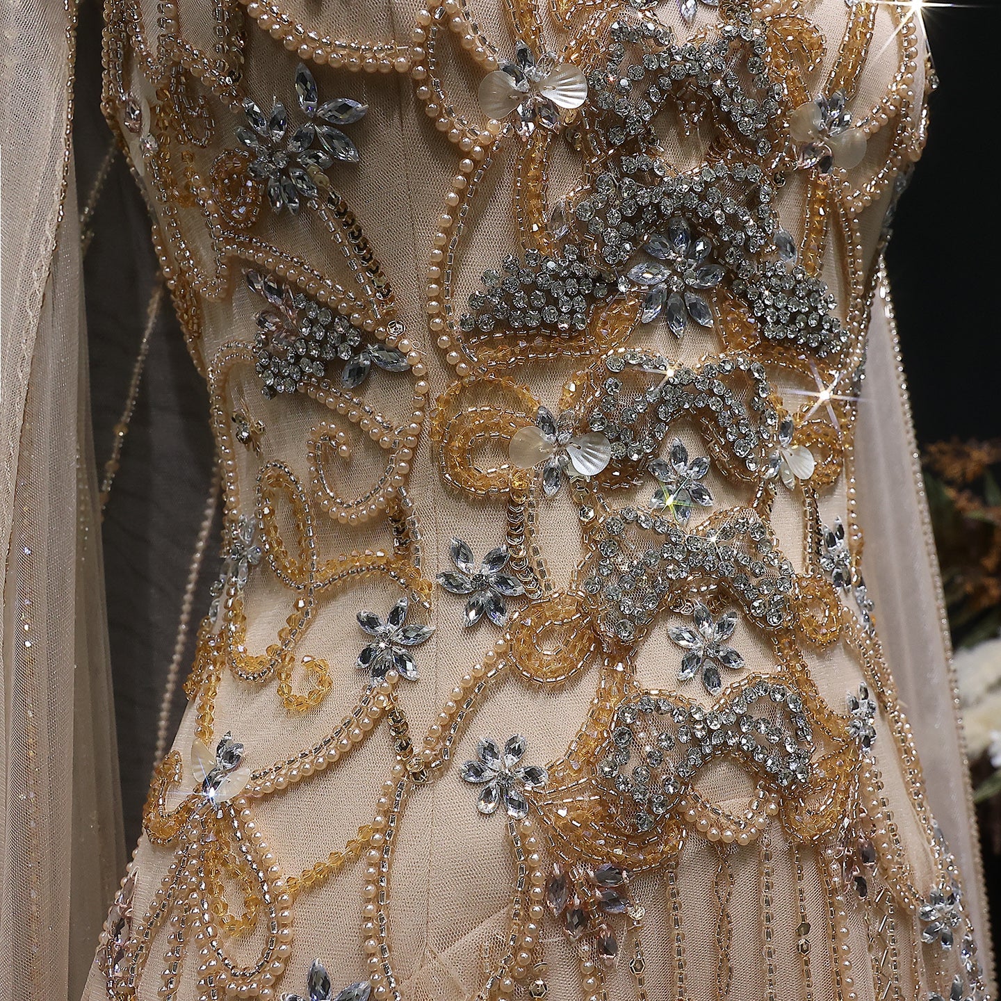 Luxury Champagne Crystal Beaded Sheer Cape Sleeve Evening Dress SS538