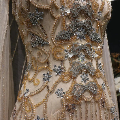 Luxury Champagne Beaded Glitter Sheer Cape Sleeve Mermaid Evening Dress SS538