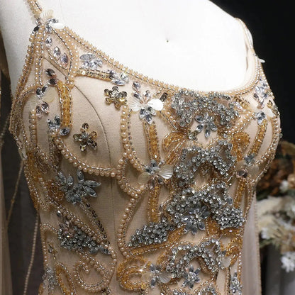 Luxury Champagne Beaded Glitter Sheer Cape Sleeve Mermaid Evening Dress SS538