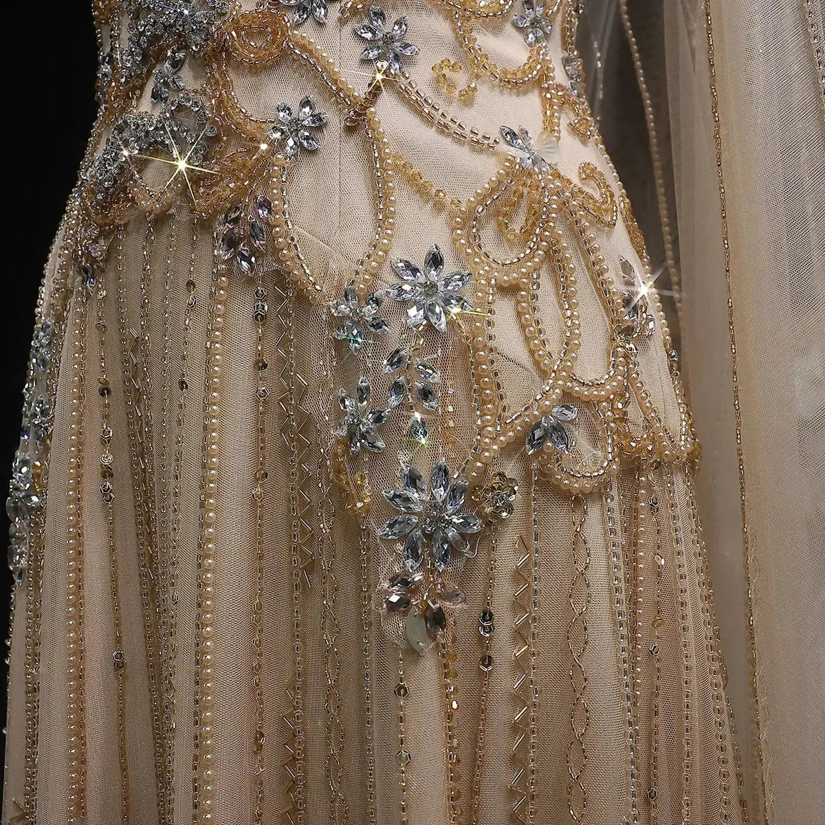 Luxury Champagne Beaded Glitter Sheer Cape Sleeve Mermaid Evening Dress SS538